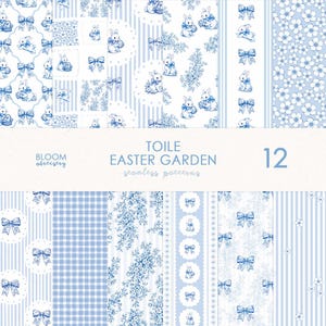 Pode incluir: Uma coleção de 12 padrões sem costura em tons de azul e branco, com designs temáticos de Páscoa. Os padrões incluem coelhos, laços, elementos florais e listras. O texto "TOILE EASTER GARDEN" e "seamless patterns" é visível.