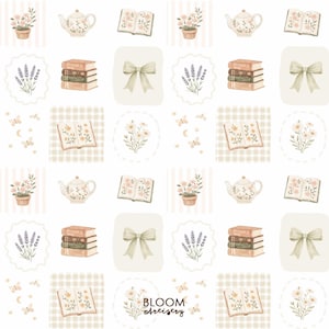 May include: A repeating pattern featuring watercolor illustrations of books, teapots, flowers, bows, and butterflies. The color palette includes soft pinks, greens, and browns on a white background. The text "BLOOM artistry" is visible at the bottom.