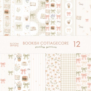 May include: Twelve seamless patterns with a bookish cottagecore theme. Designs feature books, bows, teacups, flowers, and spectacles in soft pastel colours. The text "BLOOM artistry" and "BOOKISH COTTAGECORE seamless patterns" are visible.