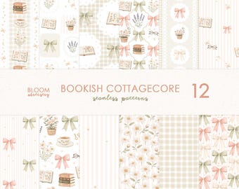 Bookish Seamless Pattern, Bookish Girly Coquette Seamless File, Book Lover Digital Paper, Bow Seamless, Patchwork Cottage Core Seamless File