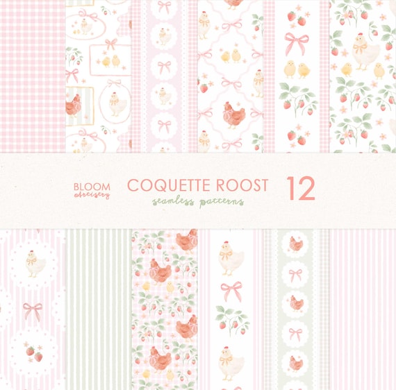 Farm Chicken Pattern, Seamless Farm Life, Coquette Bow Seamless Pattern, Whimsical Seamless Design, Cute Digital Paper, Patchwork Seamless