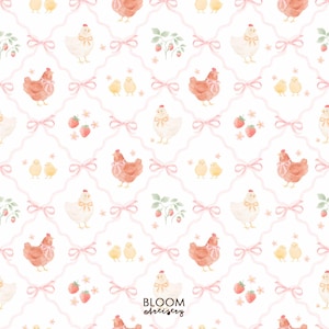 May include: Watercolor pattern featuring chickens, chicks, strawberries, and pink bows on a white background. The design includes various chicken illustrations, strawberry plants, and small yellow chicks. The text "BLOOM artistry" is at the bottom.