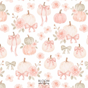 May include: A repeating pattern featuring watercolor illustrations of pale pink and white pumpkins, soft peach-colored roses, and light pink ribbons tied in bows. The design includes small green leaves and the text Bloom Artistry at the bottom.