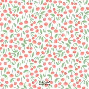 May include: A repeating pattern on a white background featuring watercolor-style red cherries with light green stems and leaves. The design is scattered across the surface, and the text Bloom Artistry is printed in black at the bottom center.