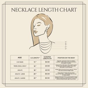 May include: Necklace length chart with a stylized illustration of a woman wearing different necklace lengths. The chart includes U.S. lengths in inches and European lengths in centimeters, ranging from 14 inches (35 cm) to 22 inches (55 cm).