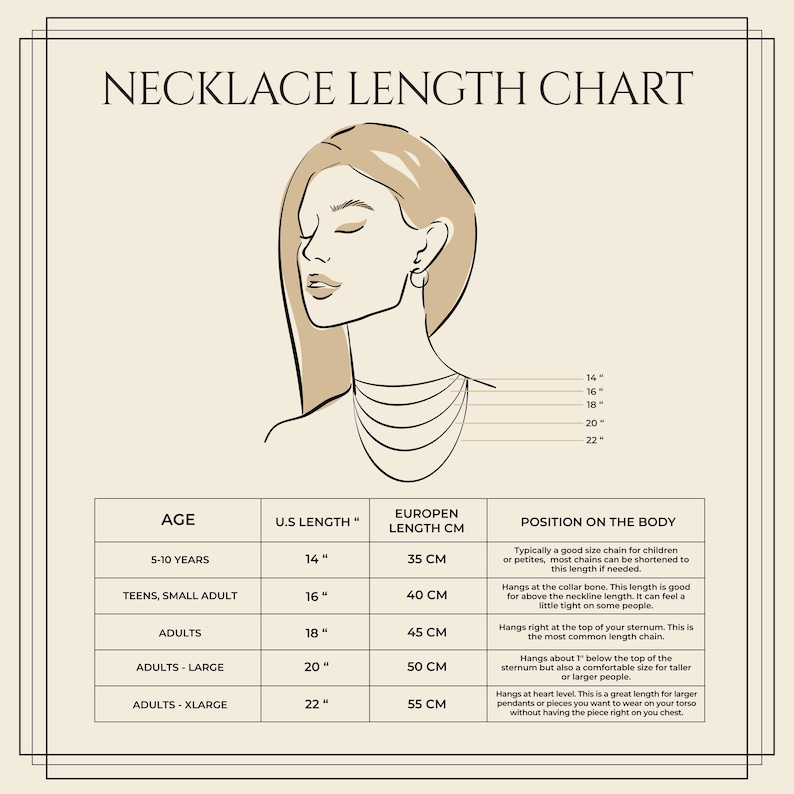 May include: Necklace length chart with a stylized illustration of a woman wearing different necklace lengths. The chart includes U.S. lengths in inches and European lengths in centimeters, ranging from 14 inches (35 cm) to 22 inches (55 cm).