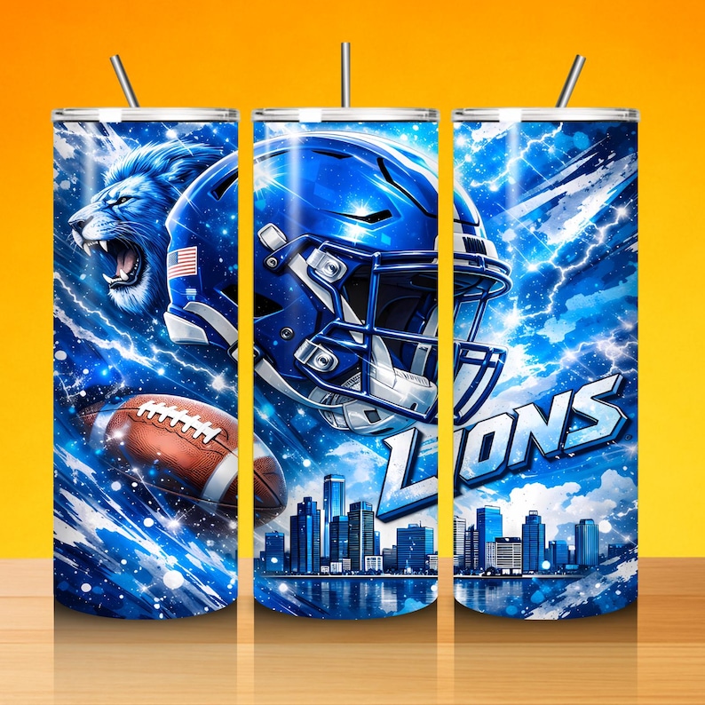 May include: A set of three stainless steel tumblers with a Detroit Lions theme. Each tumbler features a blue lion, football helmet, and the word "Lions" over a city skyline, all set against a blue and white lightning background.