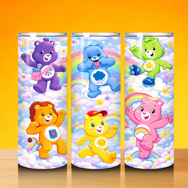 May include: Three stainless steel tumblers with Care Bears designs. Each tumbler displays a different bear character against a backdrop of rainbows, clouds, and stars. The bears are in various poses, adding a playful touch to the drinkware.