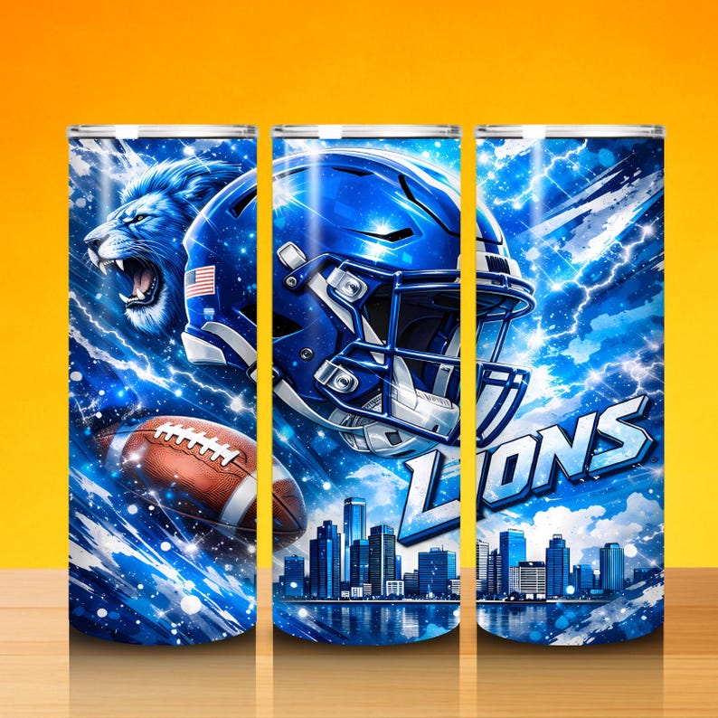 May include: A blue and white tumbler featuring a roaring lion, a football, and a football helmet. The design includes the word "LIONS" and a cityscape silhouette, all set against a background of lightning and stars.