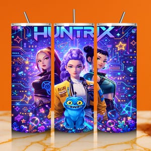 May include: Three stainless steel tumblers with the word "HUNTRIX" in a neon-style font. Each tumbler features a different anime-style character with a futuristic, neon-lit background. One tumbler has a blue cartoon frog. The tumblers have a straw.