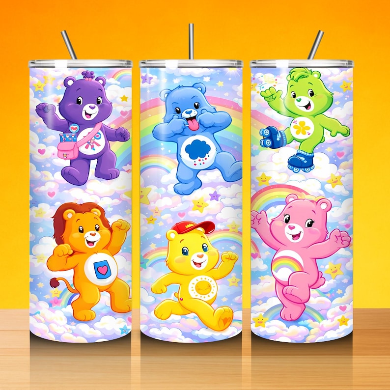May include: Three stainless steel tumblers with colourful cartoon bear designs. Each tumbler features a different bear character against a background of clouds, rainbows, and stars. The bears are in various poses, and each tumbler has a silver straw.