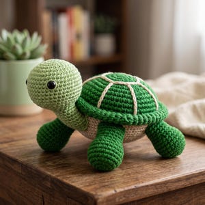 Op de afbeelding: Een handgemaakt gehaakt schildpadspeeltje met een lichtgroene kop en vier donkergroene poten. Het schild is donkergroen met crèmekleurige garenaccenten in een geometrisch patroon. De schildpad heeft twee zwarte veiligheidsoogjes en een beige onderkant.