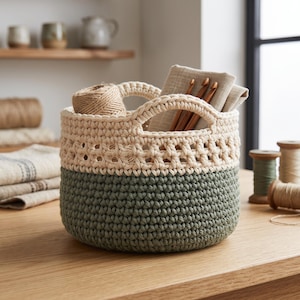 Puede incluir: Una cesta de ganchillo redonda y bicolor con una base de color verde salvia y una sección superior de color crema con un patrón calado. La cesta tiene dos asas integradas y contiene un ovillo de lana beige, tela doblada y ganchillos de madera.