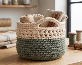 May include: A round, two-toned crochet basket featuring a sage green base and a cream-colored upper section with an open-work pattern. The basket has two integrated handles and contains a ball of tan yarn, a folded beige fabric, and wooden hooks.