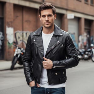 Pode incluir: Jaqueta de motociclista de couro preta com zíperes e botões de pressão prateados. A jaqueta tem um design assimétrico clássico, gola entalhada e um pequeno bolso. O modelo está vestindo uma camiseta branca. O fundo inclui um edifício de tijolos e uma motocicleta.