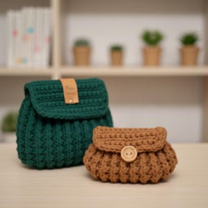 Könnte beinhalten: Zwei Häkeltaschen, eine große in Dunkelgrün und eine kleine in Braun. Die größere Tasche hat einen Klappenverschluss und ein Lederetikett. Die kleinere Tasche hat einen Knopfverschluss. Beide Taschen stehen auf einer hellen Oberfläche.