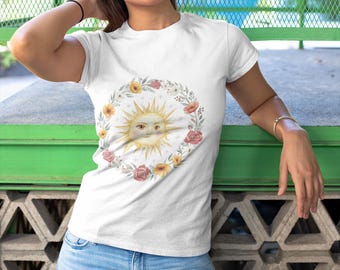 Sun Face Floral Wreath T-Shirt, Boho Celestial Tee
