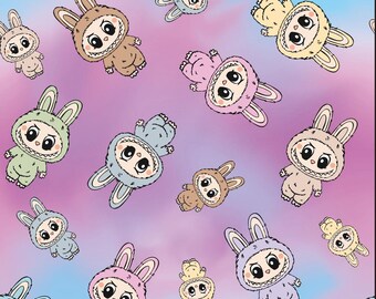 Tissu monstres magiques Tissu pour poupées monstres Tissu lapin kawaii et monstres Tissu anime dessin animé Tissu en coton au mètre près