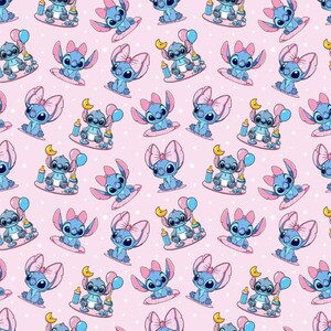 May include: A repeating pattern on a light pink background featuring a cartoon blue alien character wearing a diaper. The character is depicted in various poses, sometimes with a pink bow, a yellow crescent moon, a blue balloon, or a baby bottle.