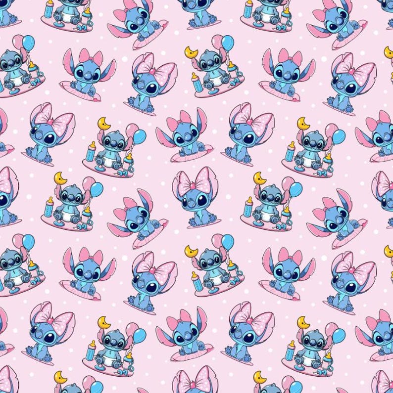 May include: A repeating pattern on a light pink background featuring a cartoon blue alien character wearing a diaper. The character is depicted in various poses, sometimes with a pink bow, a yellow crescent moon, a blue balloon, or a baby bottle.