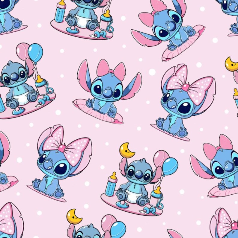 May include: A repeating pattern on a light pink background with white polka dots featuring blue alien characters. Some characters wear pink bows, while others hold baby bottles, blue balloons, or sit near yellow crescent moon shapes.