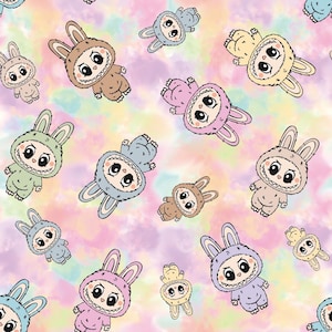 Könnte beinhalten: Ein sich wiederholendes Muster von Cartoon-Hasenfiguren in verschiedenen Pastellfarben, darunter Rosa, Blau, Grün und Braun. Die Hasen haben große Augen und sind vor einem Hintergrund im Aquarellstil mit sanften Farbtönen von Rosa, Gelb und Lila angeordnet.