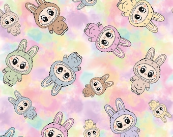 Tissu monstres magiques Tissu pour poupées monstres Tissu lapin kawaii et monstres Tissu anime dessin animé Tissu en coton au mètre près