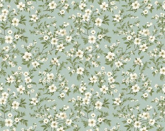 Tissu en coton à fleurs vert menthe, fleurs crème vintage et feuilles vertes Tissu en coton anime dessin animé par mètre