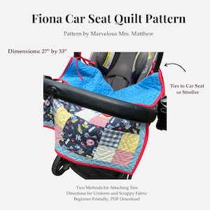 Könnte beinhalten: Ein Fiona Autositz-Steppdeckenmuster von Marvelous Mrs. Matthew, das 68,58 cm mal 83,82 cm misst. Die Steppdecke zeigt ein Patchwork-Design mit blauen, gelben, roten und weißen Stoffen, einschließlich Charakterdrucken und einem hellblauen Innenfutter.