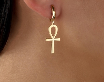 Minimalistische sterlingzilveren ankh-oorbellen, Egyptische kruissieraden, sierlijke ankh-oorbellen, spirituele symboolsieraden, cadeau voor haar