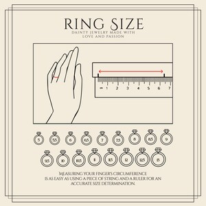 May include: Diagram illustrating ring sizing with a hand silhouette, a ruler in centimeters, and various ring sizes. Text reads "RING SIZE, DAINTY JEWELRY MADE WITH LOVE AND PASSION." Instructions are provided for measuring finger circumference.