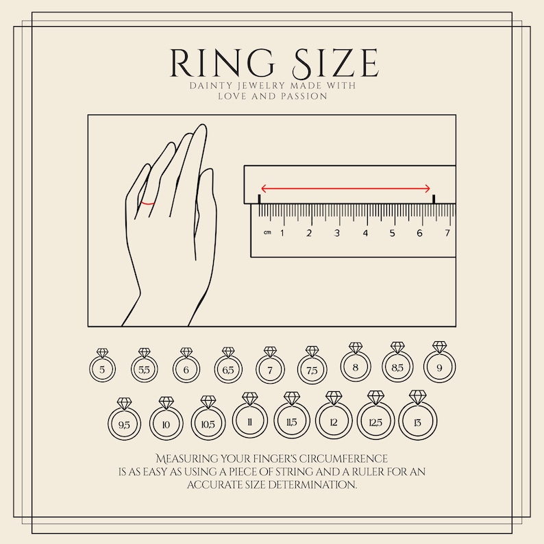 May include: Diagram illustrating ring sizing with a hand silhouette, a ruler in centimeters, and various ring sizes. Text reads "RING SIZE, DAINTY JEWELRY MADE WITH LOVE AND PASSION." Instructions are provided for measuring finger circumference.
