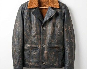 Handcrafted Paradise Jacket Black Distressed Slim Fit Leather Jacket | Fur Collar