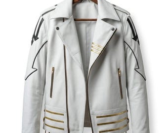 Paradise Jacket Men’s White Leather Jacket – Handmade Hot Mercury Space  Celebrity Inspired Look