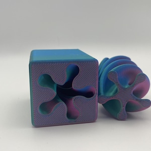 May include: Two abstract, iridescent 3D-printed objects. One is a cube with star-shaped cutouts, the other a spiral shape with similar cutouts. The colors shift from blue to purple and green, creating a vibrant, eye-catching design.