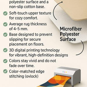 Puede incluir: Imagen que muestra las caracter&iacute;sticas de una alfombra. Tiene una superficie de poli&eacute;ster de microfibra y una base de algod&oacute;n antideslizante. El grosor medio es de 4-5 mm. Impresi&oacute;n digital 3D para colores vibrantes y duraderos. Costuras de borde a juego.