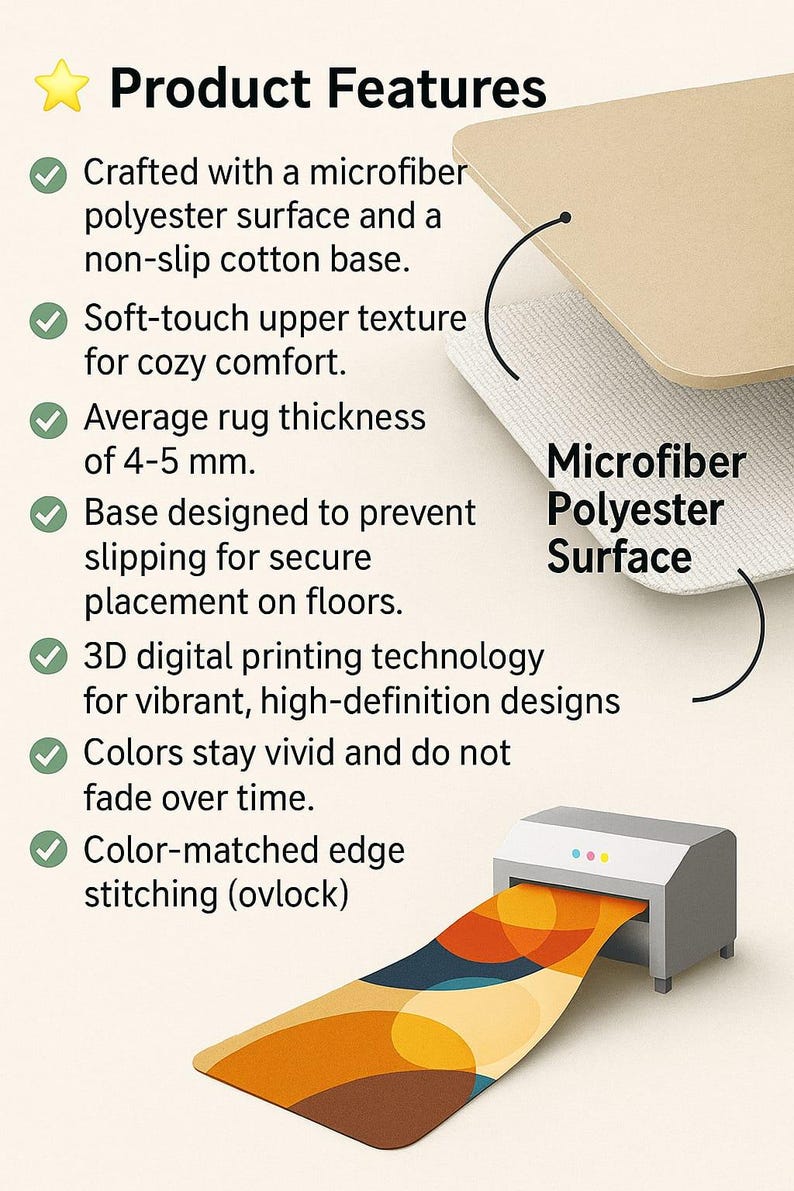 Puede incluir: Imagen que muestra las caracter&iacute;sticas de una alfombra. Tiene una superficie de poli&eacute;ster de microfibra y una base de algod&oacute;n antideslizante. El grosor medio es de 4-5 mm. Impresi&oacute;n digital 3D para colores vibrantes y duraderos. Costuras de borde a juego.