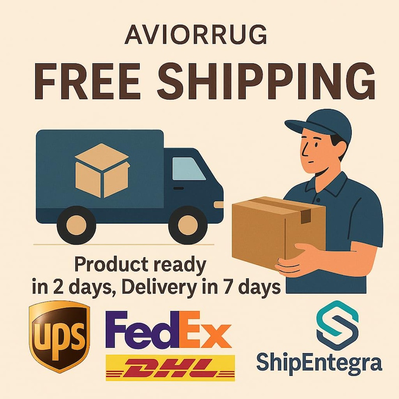 Puede incluir: Ilustraci&oacute;n que promociona el env&iacute;o gratuito. Un cami&oacute;n de reparto azul, una persona con un paquete y logotipos de UPS, FedEx, DHL y ShipEntegra. El texto dice "AVIORRUG FREE SHIPPING".