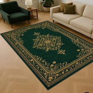 Dunkelgrüner türkischer Teppich, Vintage-Barock-Blumenmedaillon, orientalische Dekoration