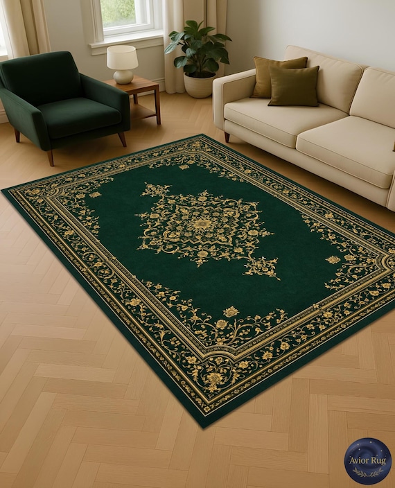 Dark Green Turkish Rug, Vintage Baroque Floral Medallion, Oriental
