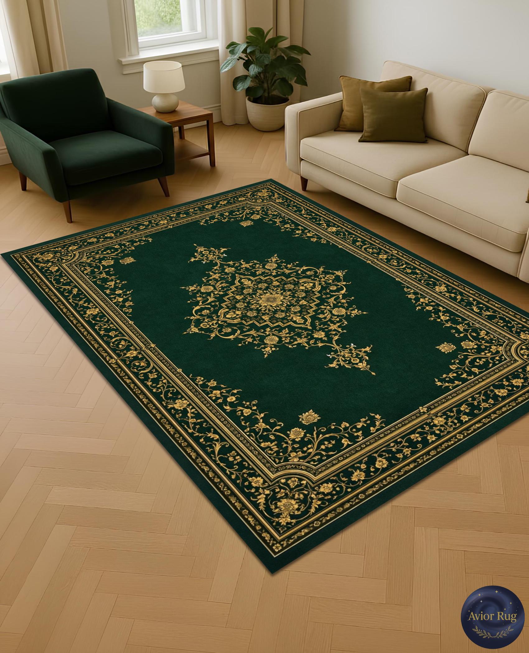 Dark Green Turkish Rug, Vintage Baroque Floral Medallion, Oriental