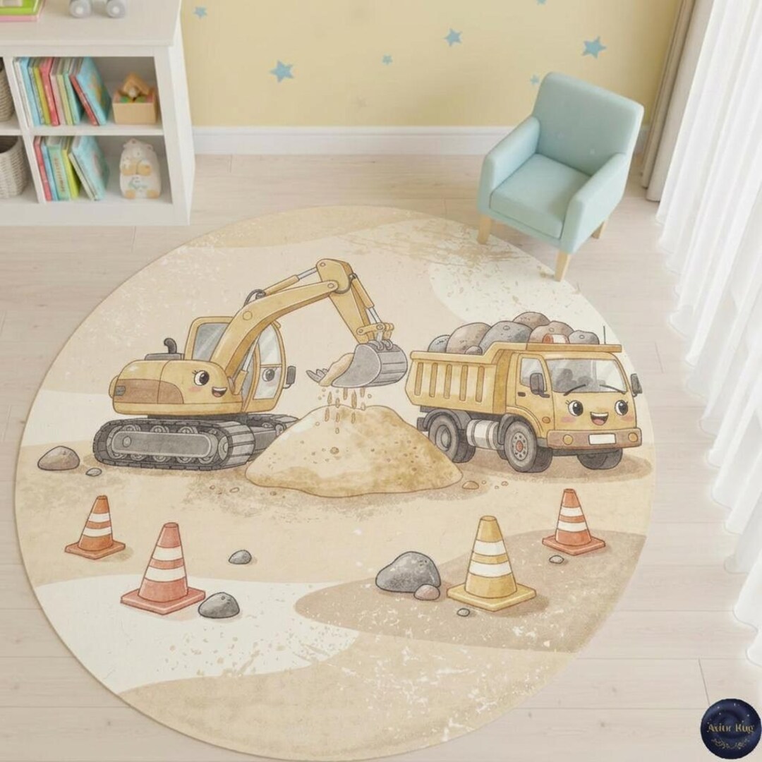 Round Kids Construction Rug, Cute Excavator Dump Truck, Nursery ...