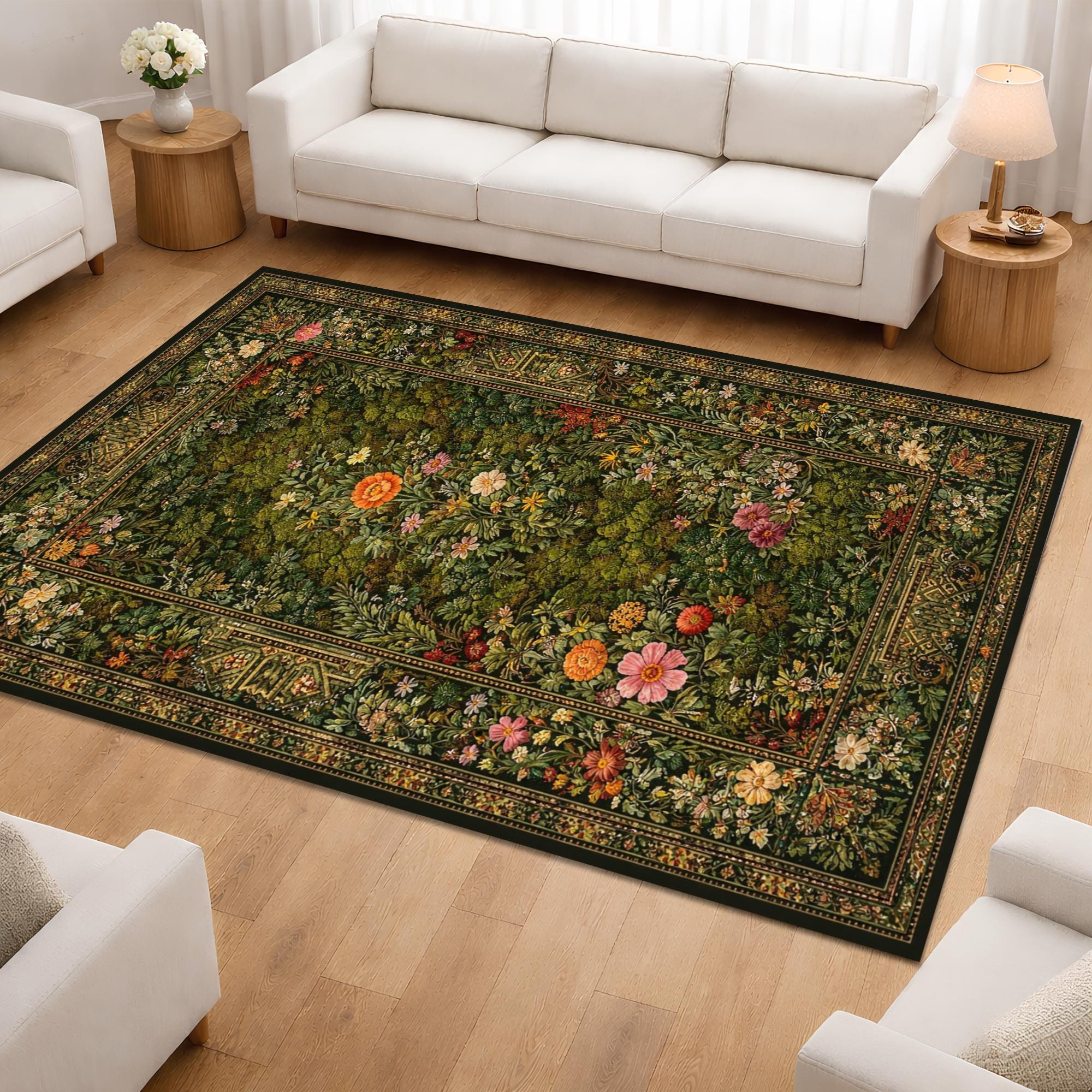 Vintage Botanical Floral Area Rug Dark Green Garden Inspired Classic ...