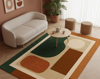 Mid Century Modern Rug, Abstract Geometric Area Rug, Retro Geometric Rug, Green Terracotta Carpet, 70s Modern Living Room Decor