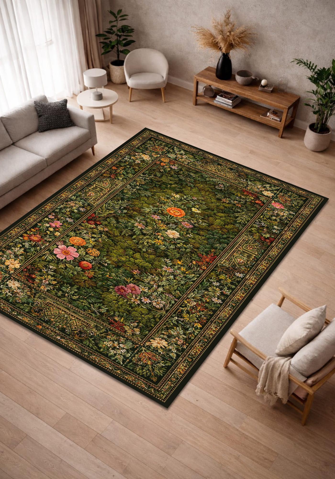Vintage Botanical Floral Area Rug Dark Green Garden Inspired Classic ...