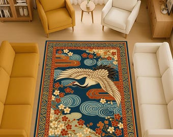 Bird & Cherry Blossom Rug – Blue Background, Asian Style Home Decor Rug