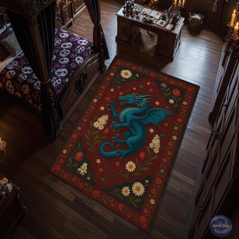 Colorful Rug Medieval Blue Dragon Fantasy Rug, Medieval Floral Cottagecore Carpet - Etsy