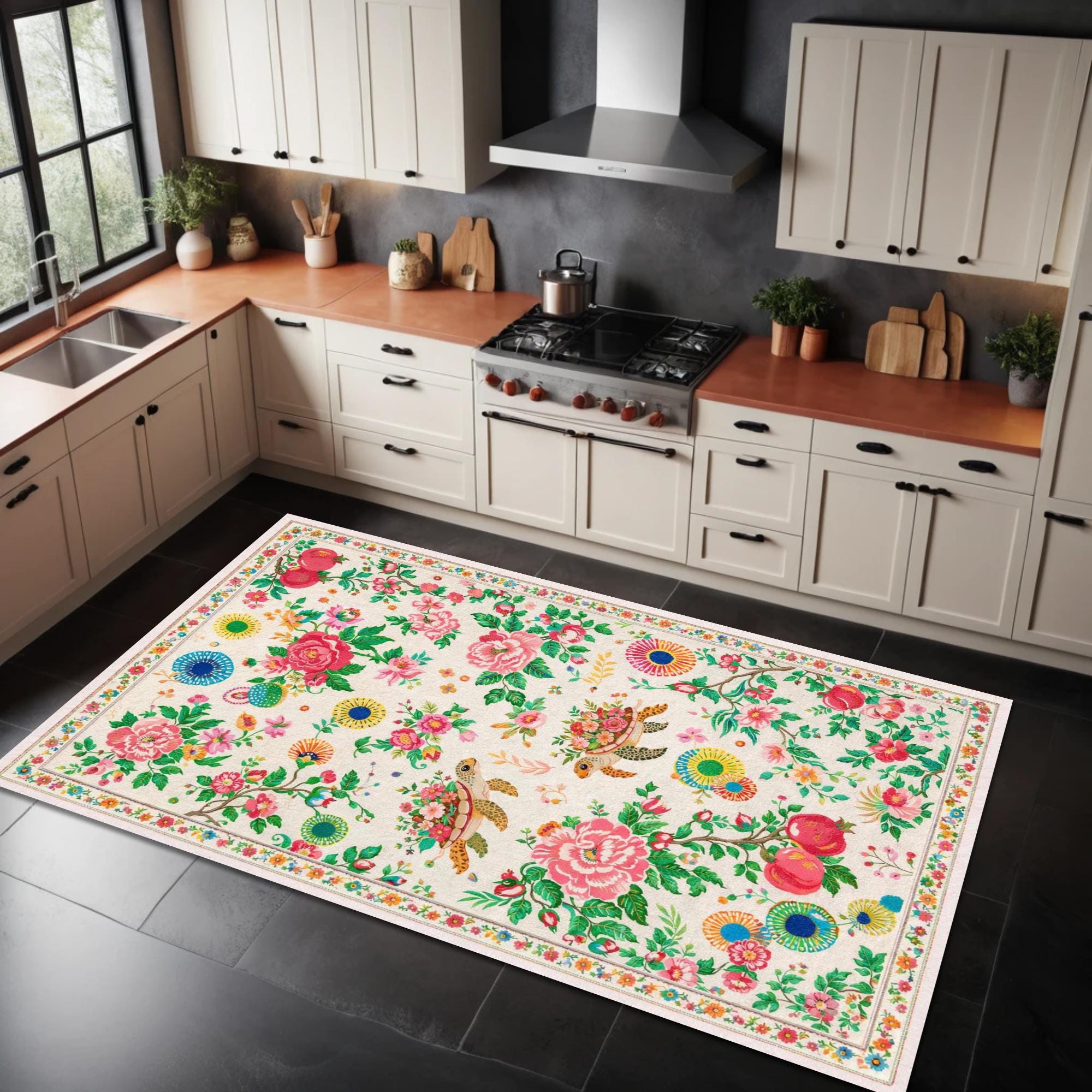 Turtle Kitchen Rug Floral Kitchen Rug, Chinoiserie Turtle Garden Design, Pink Peony ...