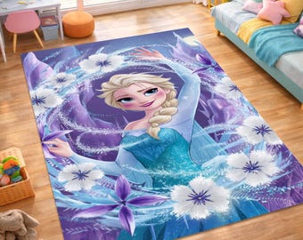 Alfombra de Elsa de Frozen, alfombra mágica de princesa de hielo, alfombra de área para dormitorio de niñas Disney, tapete de juegos para guardería, alfombra con decoración floral morada