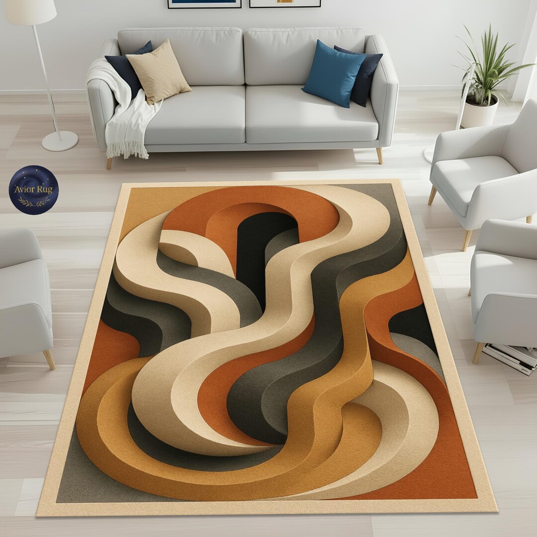 Digital Rug 3D Retro Abstract Waves Digital Print Rug – Brown & Orange Boho Modern ...